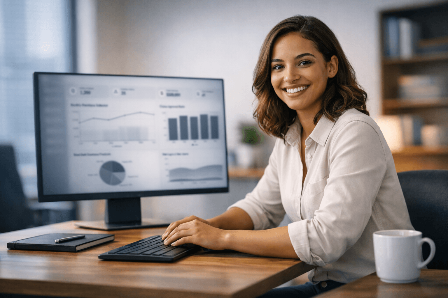 Professional using Isulco business software in an office workspace
